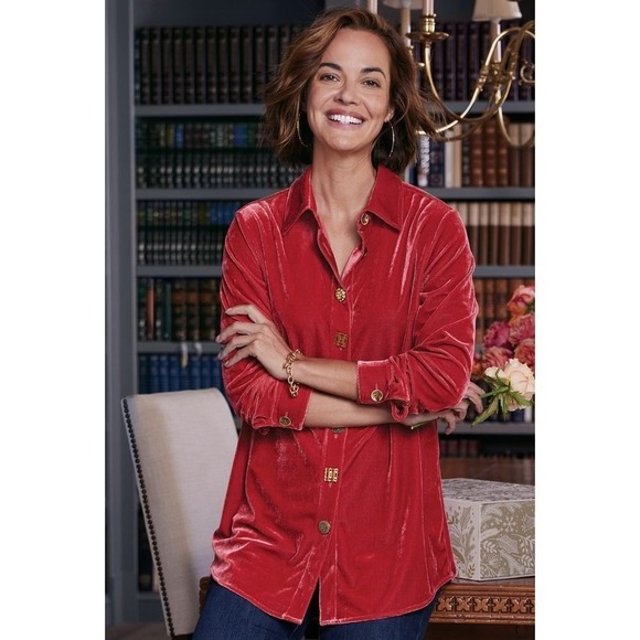 Soft Surroundings Tops - Women's‎ Soft Surroundings Filigree Velvet Boyfriend Button Down Shirt M Red